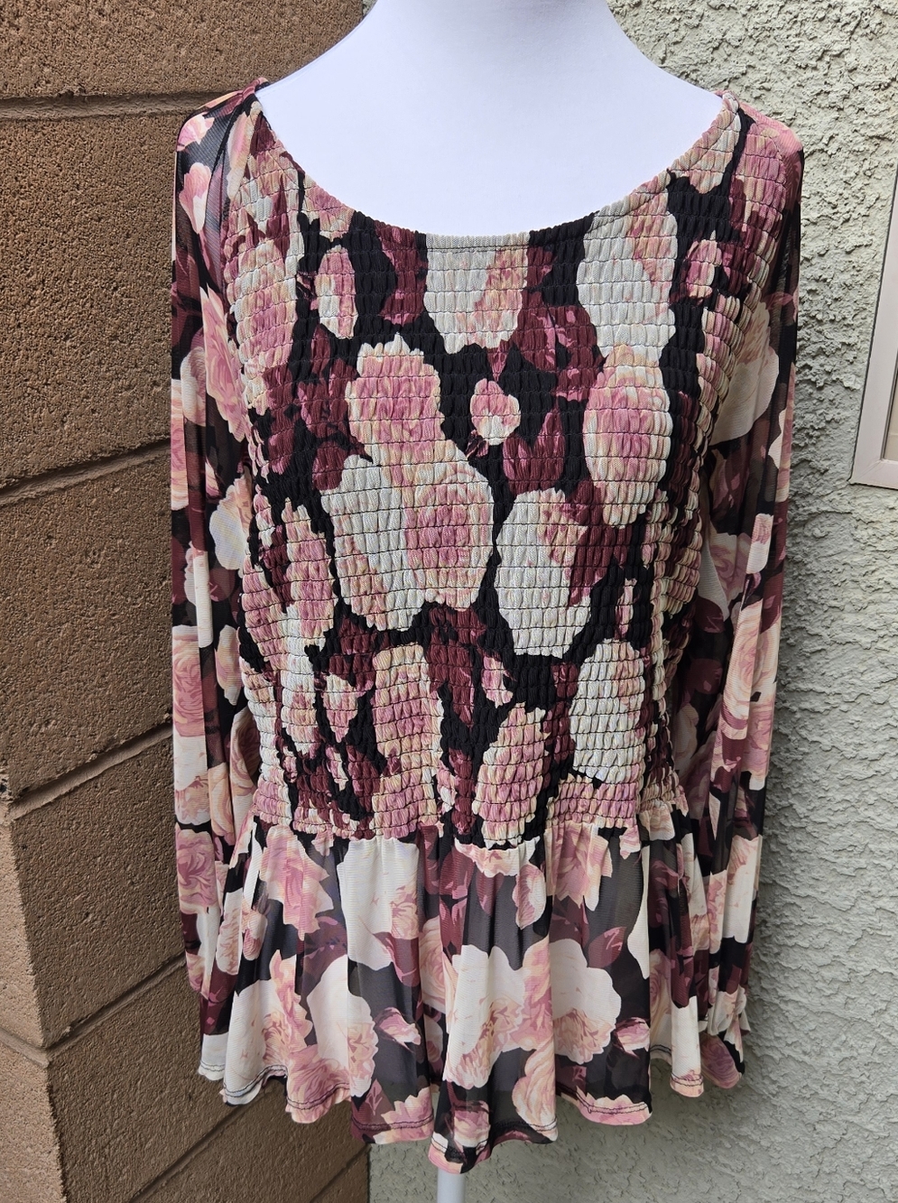 A Love Story Smocked Floral Long-Sleeve Peplum Dress in Pink and Black